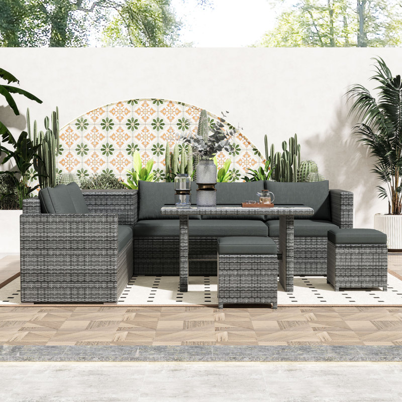 6-Piece Outdoor Sectional Sofa Set with Adjustable Backrests, Spacious Storage and Glass-Top Table, Grey