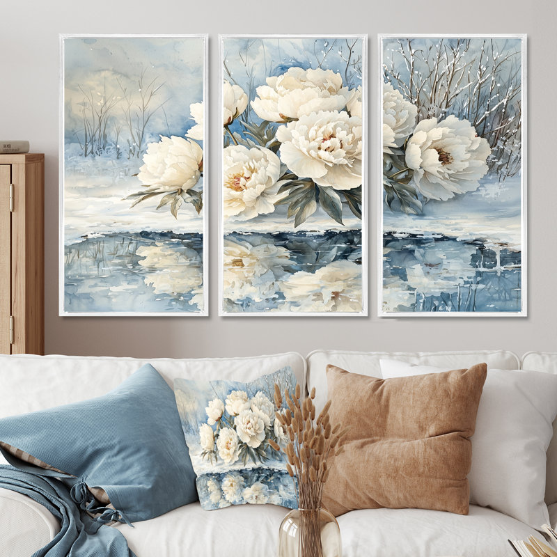 Pivoines blanches par l'étang gelé II - art mural pivoines - ensemble de 3, H 40 po x l 60 po, Blanc