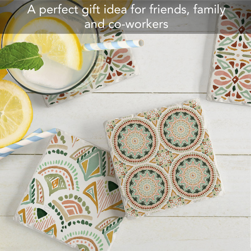 Bohemian Patterns 4-Pack Absorbent Stone Tumbled Tile Coasters