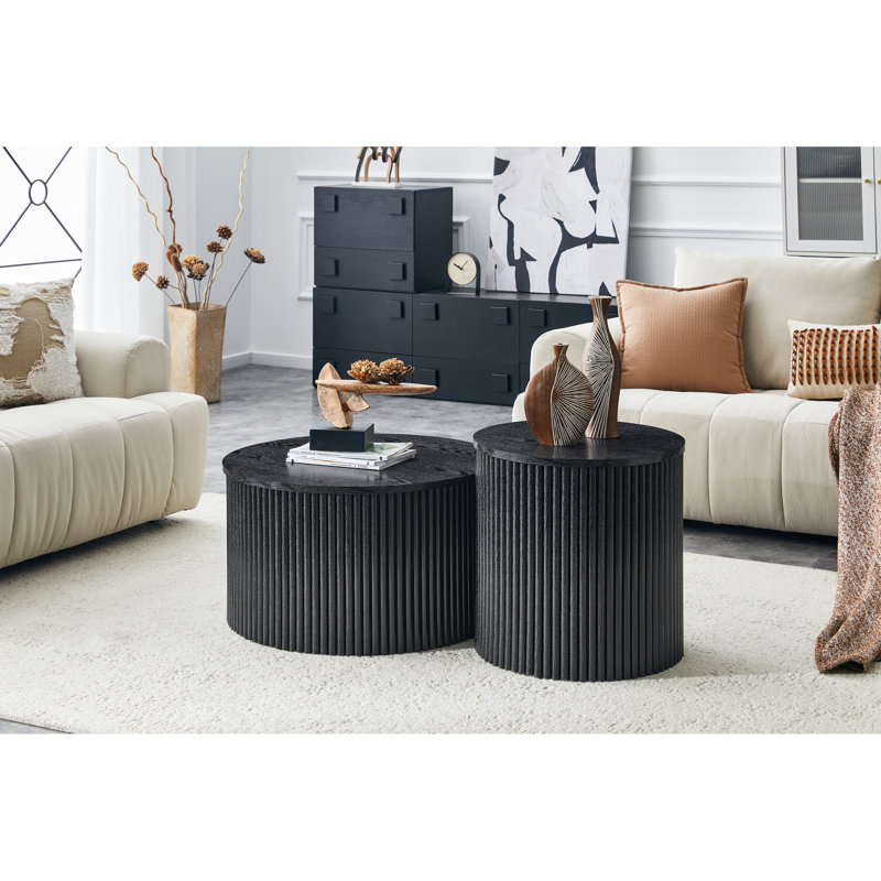 Ensemble de 2 tables basses gigognes, tables rondes en panneau de fibres à densité moyenne avec rangement intégré, tables d'appoint élégantes à grain de bois noir pour salon, chambre à coucher, table basse