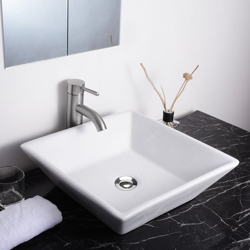 Aquaterior Porcelain Bathroom Vessel Sink Square Basin with Chrome Pop up Drain