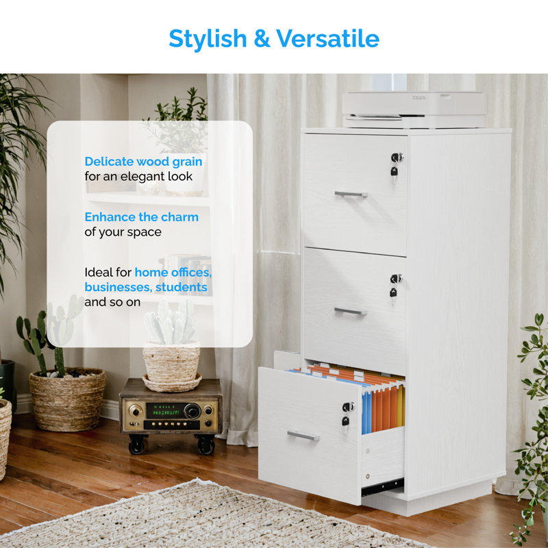 Wooden 3 Drawers File Cabinet With Lock 38.58"H, White