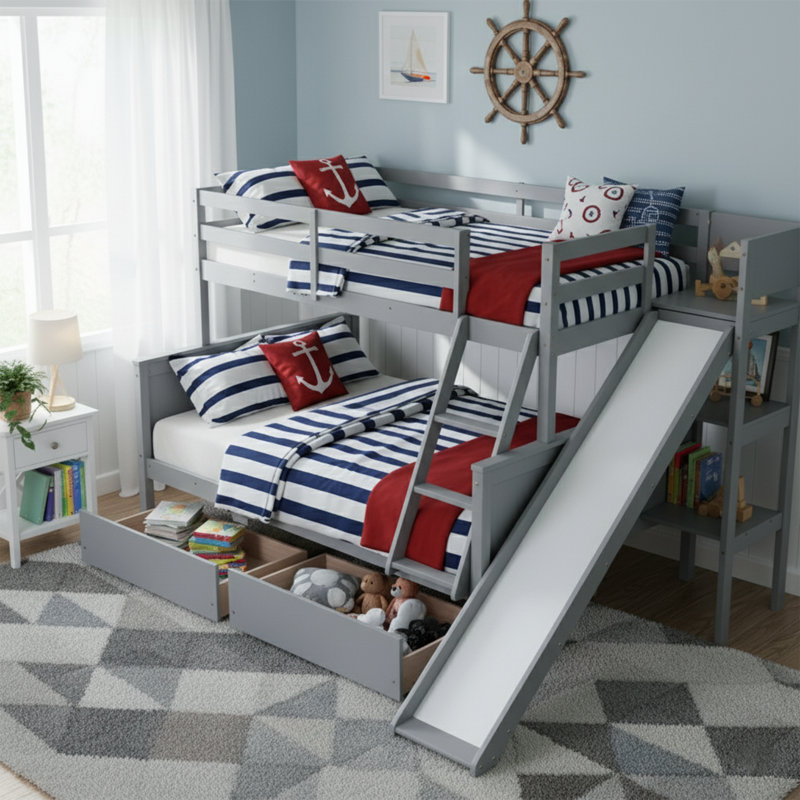 Lit superposé simple au-dessus de double l 95 po avec glissière, tablettes de rangement et 2 tiroirs, bois d'hévéa, gris