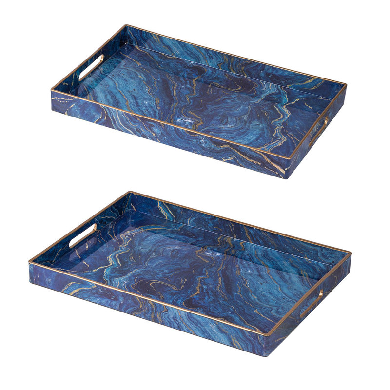 Blue and Gold Rectangular Plastic Serving Trays, Set of 2