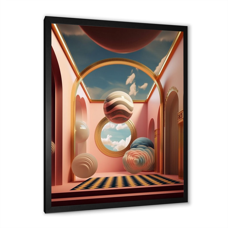 «Futur Folklore Minimal Retro Architecture I», reproduction sur toile, H 44 po x l 34 po x P 1,5 po, Cadre simple noir