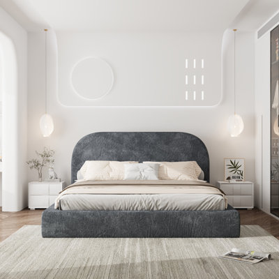 Farmhouse Upholstered Wingback Bed – Platform Bed with Headboard Queen Size