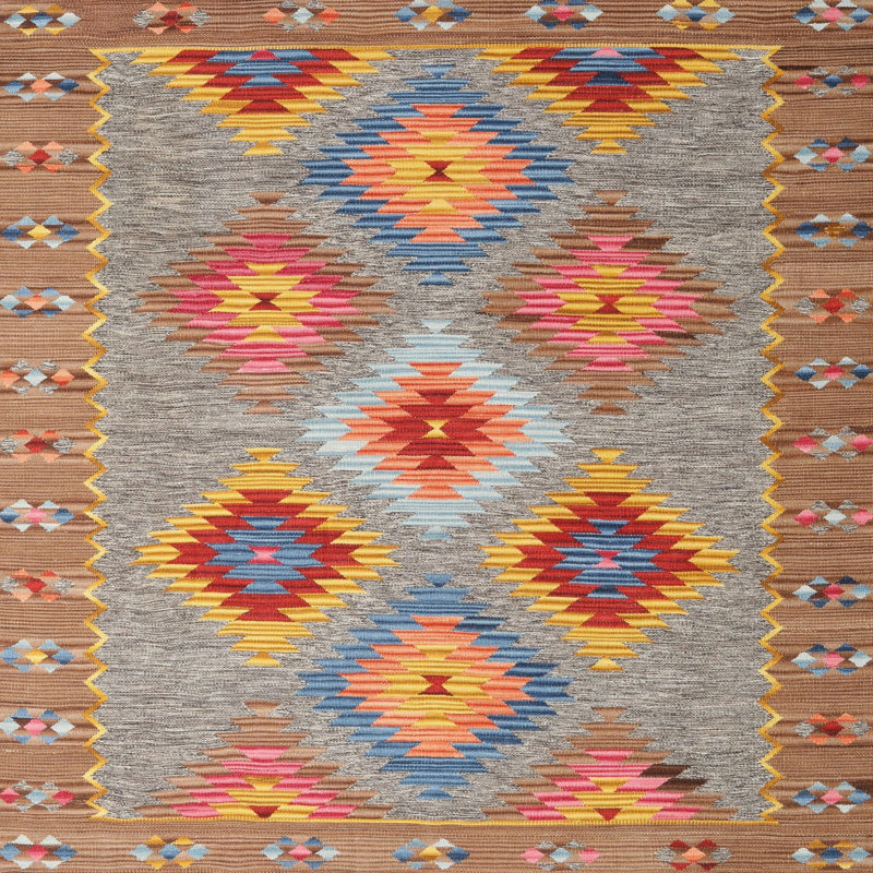 Tapis de zone rouge/jaune/rose contemporaine, Carré 3 pi