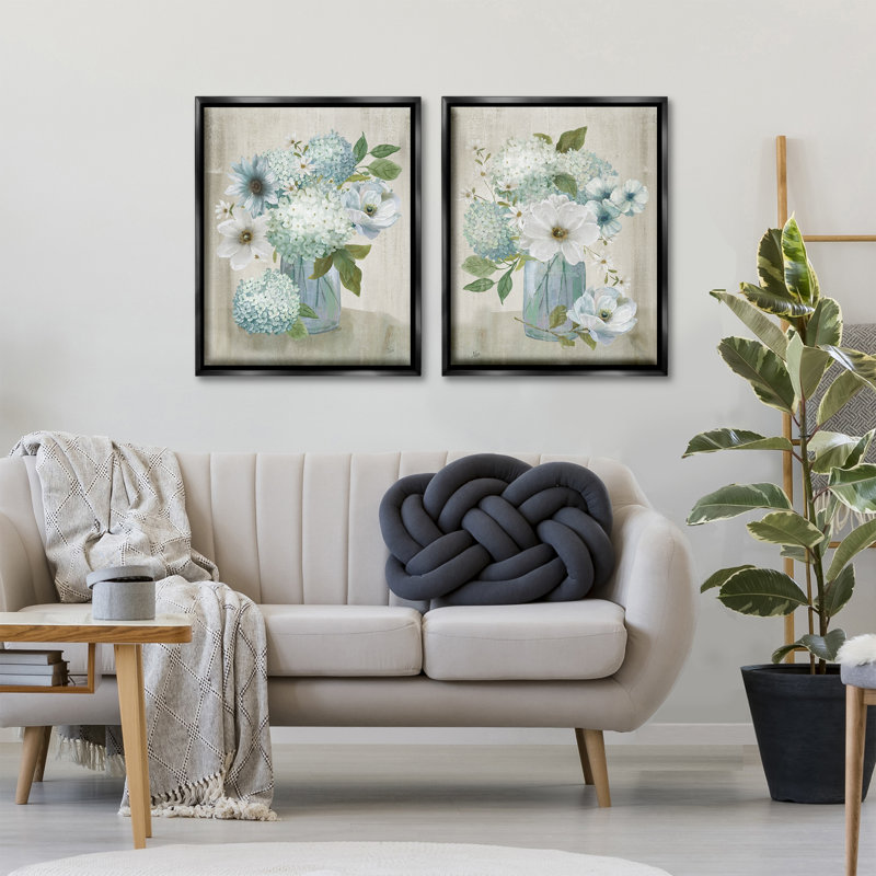 «Magnolia & Hydrangea Bouquets», ensemble de 2 toiles flottantes encadrées, design par Nan, H 31 po x l 25 po