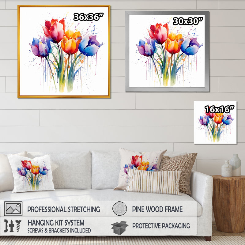 Herald Tulip Flowers - Tulipes, impressions sur toile, H 16 po x l 16 po x P 1 po, Cadre flottant doré