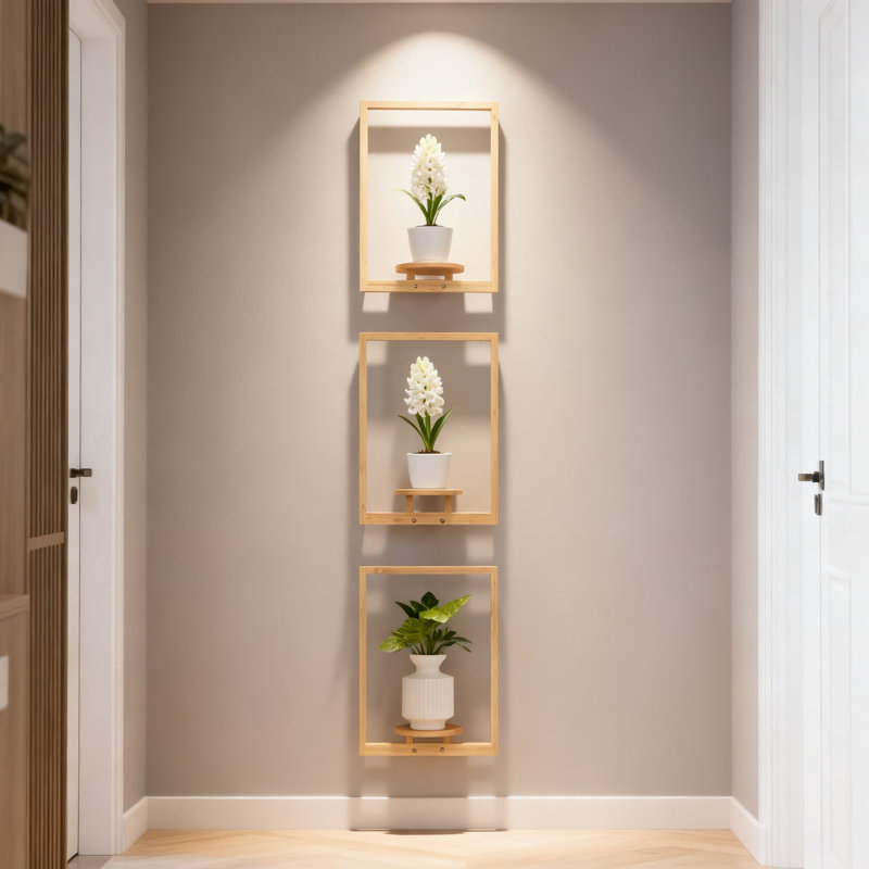 Ensemble de 3 pots à fleurs suspendus en bambou pour plantes d'intérieur, tablettes murales à motif carré pour le salon, l'entrée et la fenêtre