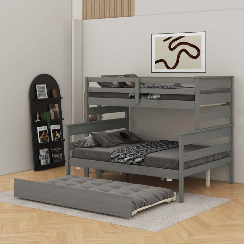 Lit superposé simple au-dessus d'un lit double en bois avec lit gigogne, Gris