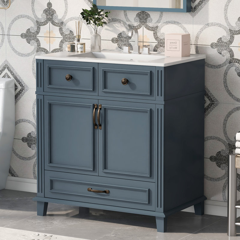 Meuble-lavabo simple 30 po avec lavabo en céramique, armoire de rangement en bois massif avec portes à fermeture douce, style rétro