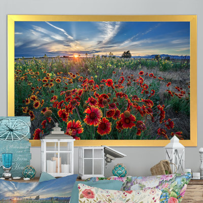 Fleurs jaune vif au coucher du soleil - œuvre d'art traditionnelle sur toile
