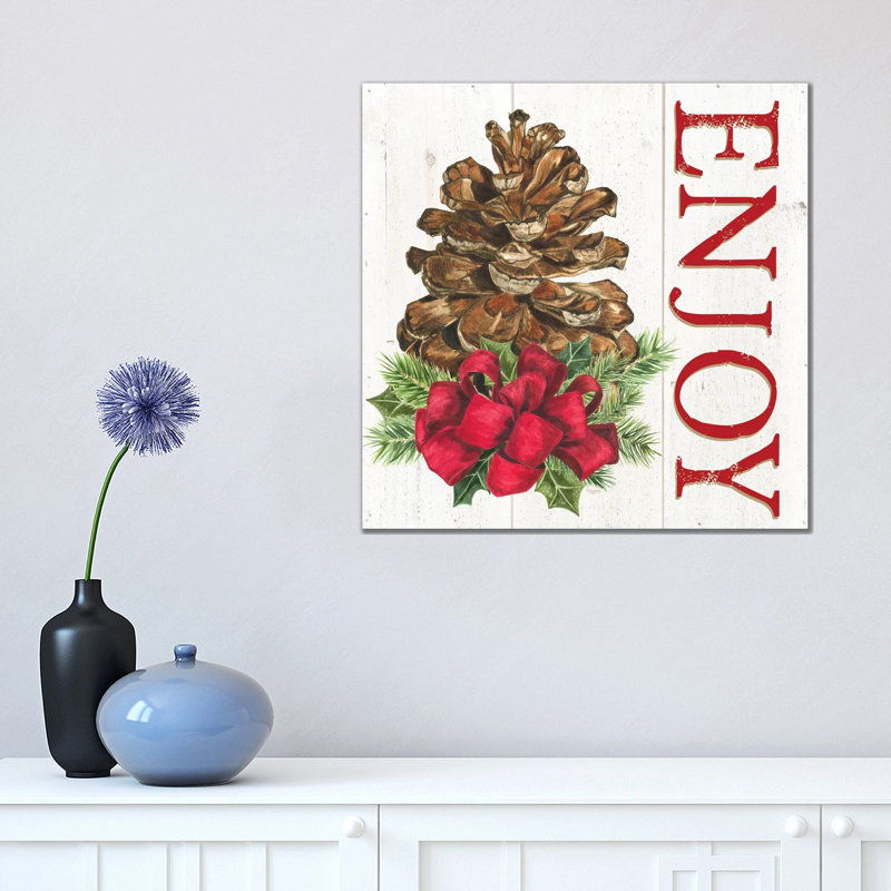 Pomme de pin «Home for the Holiday Enjoy» par Tara Reed - imprimé, Toile tendue, Aucun mat, H 18 po x l 18 po x 1,5 po