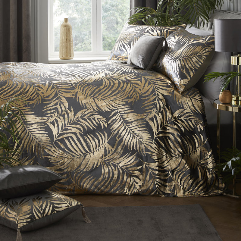First Dates 200 TC Jacquard Duvet Cover Set, Super King Duvet Cover + 2 Standard Pillowcases, Gold/Slate Grey