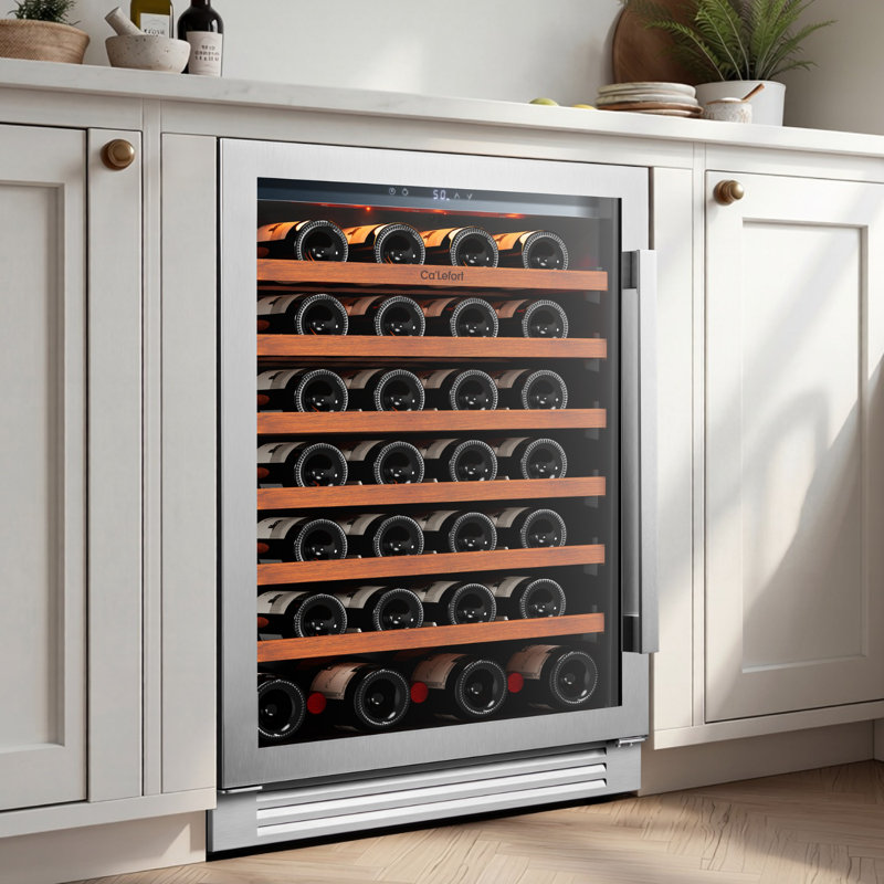Réfrigérateur à vin 24 pouces 61 bouteilles à 3 lumières encastré et autoportant avec porte à deux couches en verre trempé