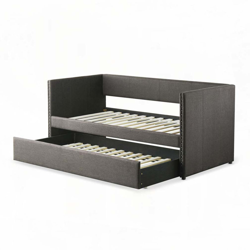 Upholstery Daybed with Pull-out Trundle Nailhead Trim Wood Frame, Gray