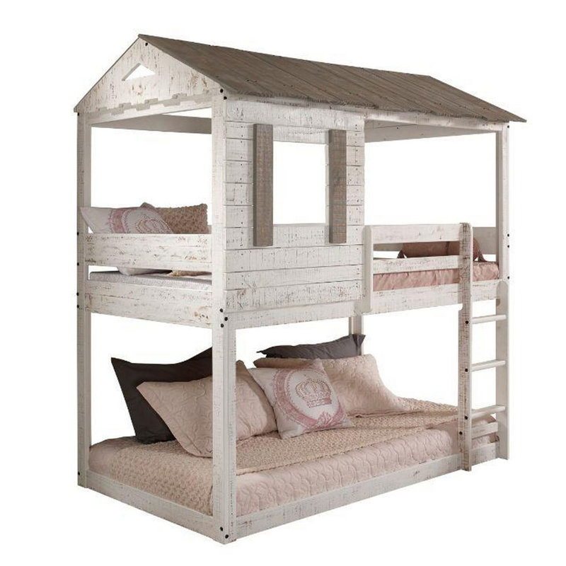 Aryn Kids Twin Over Twin Bunk Bed, White/Gray