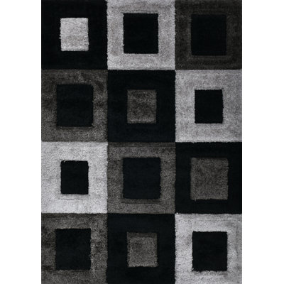 Tapis géométrique moderne RugGuy - Carrés noirs et gris - pour salon, salle à manger - 160 x 220 cm, ne peluche pas, facile à nettoyer