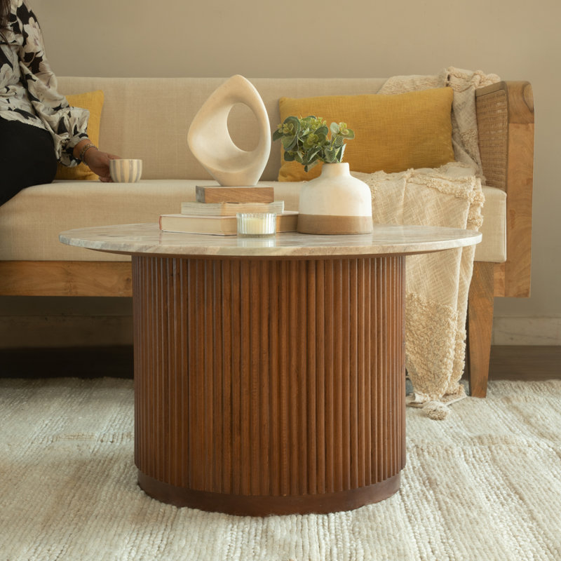 Elena Marble Top Coffee Table with Solid Wood Fluted Base, Beige/Brown