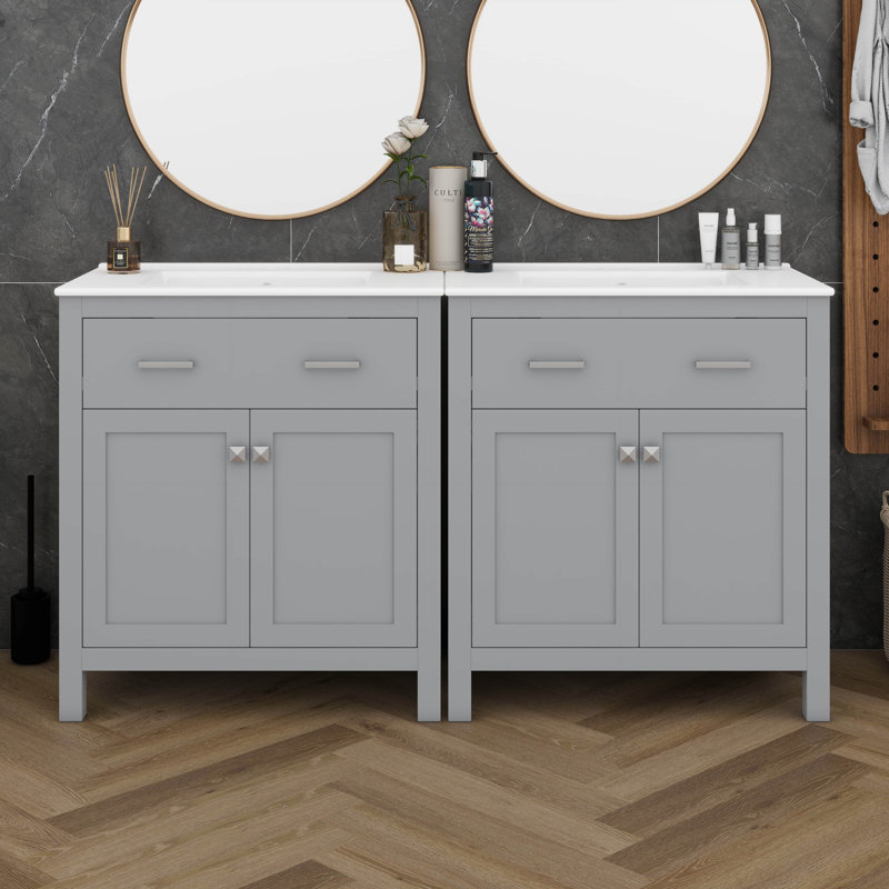 Ensemble de meuble-lavabo 60 po avec lavabo double, ensemble de meuble-lavabo double (séparé), tablette réglable, portes à fermeture en douceur et tiroir rabattable