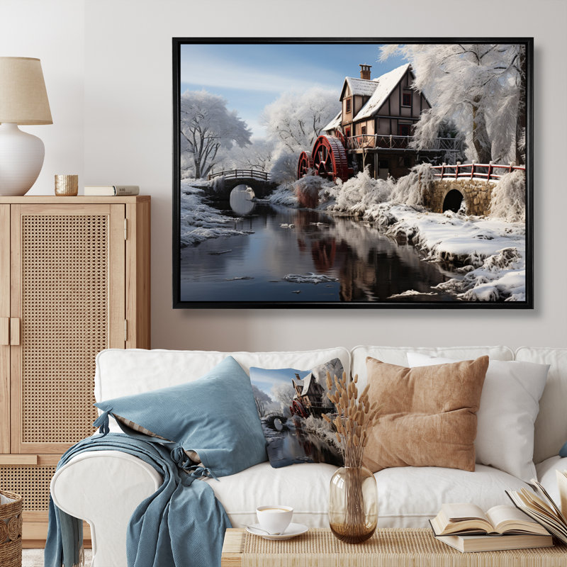 «White Blue Mill In Winter», reproduction sur toile, H 12 po x l 20 po x P 1 po, Cadre flottant noir