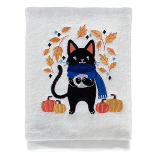 Falls Cats & Pumpkin Embroidered Cotton Hand Towel