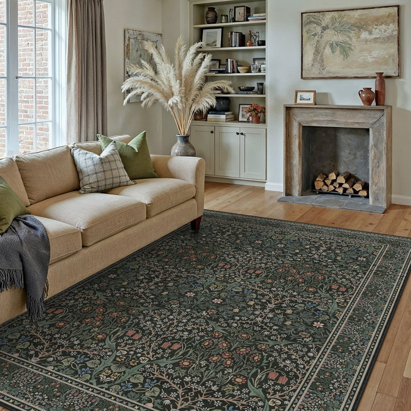 Alora Machine Washable Floral Area Rug With Non-Slip Backing, Rectangle 9' x 12', Dark Green, 0.28"
