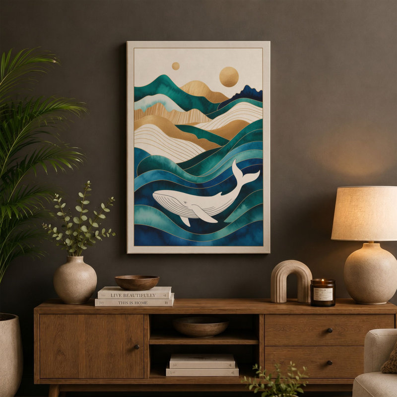 Whale Through the Waves Modern - Wrapped Canvas, 30x20 - 76.2 x 50.8 cm, Taupe Border