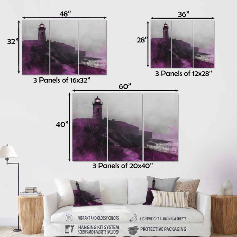 Mauve et gris phare brumeux Rock I - ensemble d'art mural phares, H 40 po x l 60 po x P 1 po