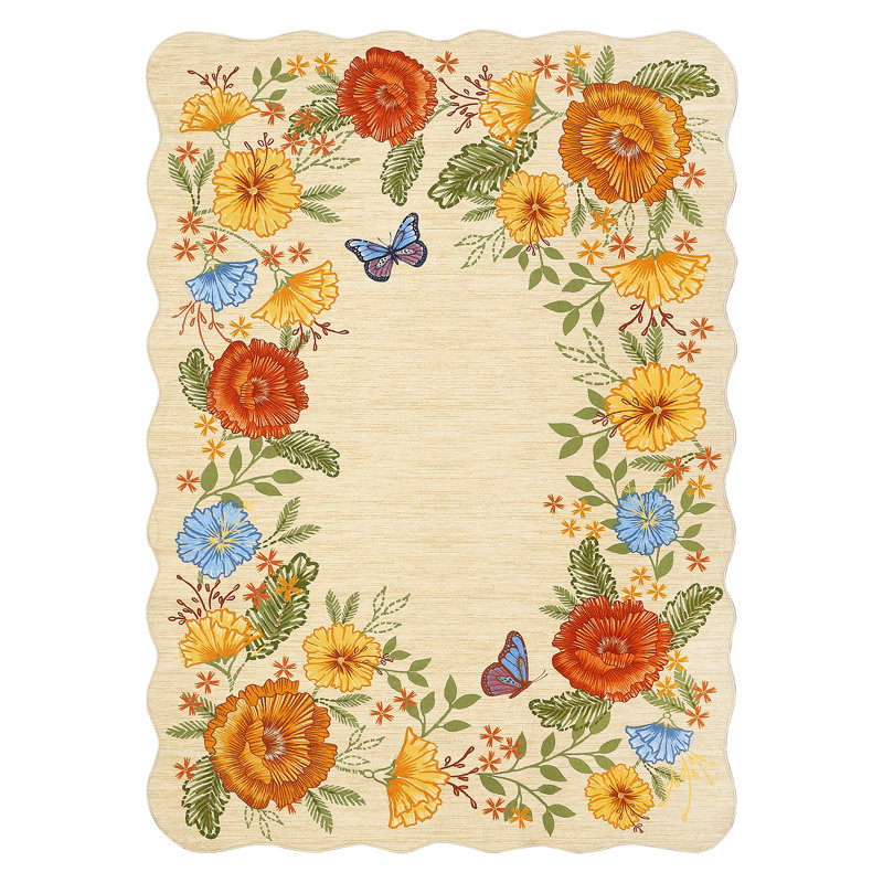 Large Living Room Rug Washable Rug 10x13 Vintage Floral Scalloped Carpet-Non Slip,Non Shedding,Low Pile,Soft Touch,Folding Floor Cover For Apartment Bedroom Nursery Playroom,Yellow
