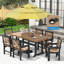 Ensemble de salle à manger d'extérieur pour 6 personnes, table et 6 chaises avec accoudoirs en PEHD imitation bois, trou pour parasol, pieds réglables.-844914710