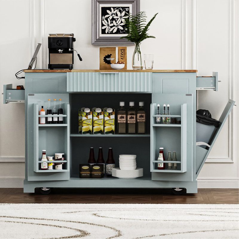 Versatile Fluted Kitchen Island With Advanced Storage And Functionality, Brown/Gray Blue