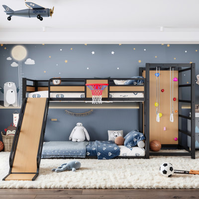 Twin XL Metal Bunk/Loft Bed with Basketball Hoop, Pull-Up Rings, Climbing Wall, Bookshelves and Slide
