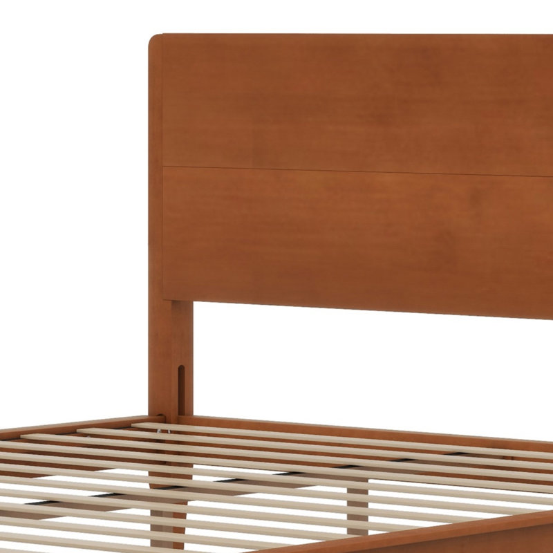 Lit plateforme Mid-Century moderne en bois avec support en lattes de bois, Grand lit, Brun