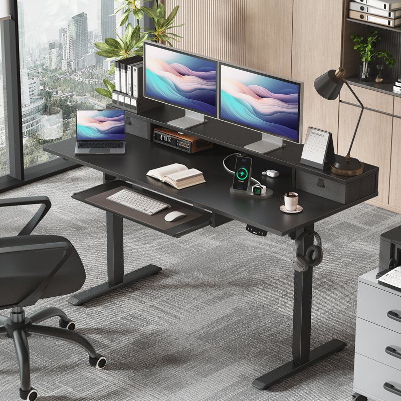 Bureau debout électrique 55 po avec 2 tiroirs et plateau à clavier, bureau à hauteur réglable pour le bureau personnel 