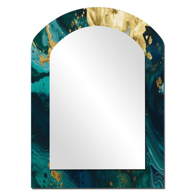 Teal and Gold Liquid Magic I - Abstract Arch Decorative Mirror, Teal Asymmetrical Wall Mirror, Printed Metal Art