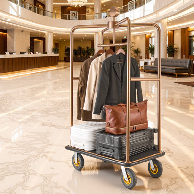 Chariot à bagages pour hôtel, chariot Bellman robuste de 1 200 lb avec structure en acier inoxydable, roues en caoutchouc de 8 po, plateforme en moquette noire, chariot à bagages commercial pour hôtels, complexes hôteliers, or rose