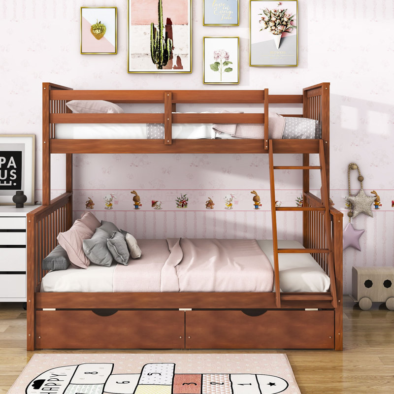 Lit superposé simple au-dessus de double en bois avec deux tiroirs de rangement Desmona, Noyer
