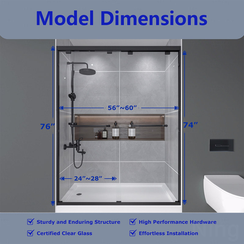 Porte de douche à double coulissement de 56 à 60 po x H 72 po, verre trempé de 1/4 po (6 mm), Noir mat
