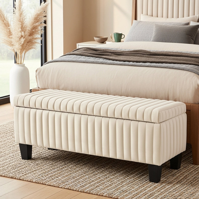 Melrose Upholstered Ottoman Storage Bench, Beige