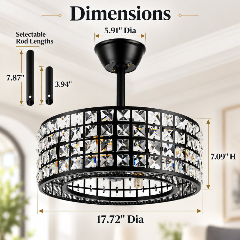17.72 Inch Black Modern Crystal Caged Ceiling Fan with Light 4 Light Fandelier with Remote Control and 3 Speeds