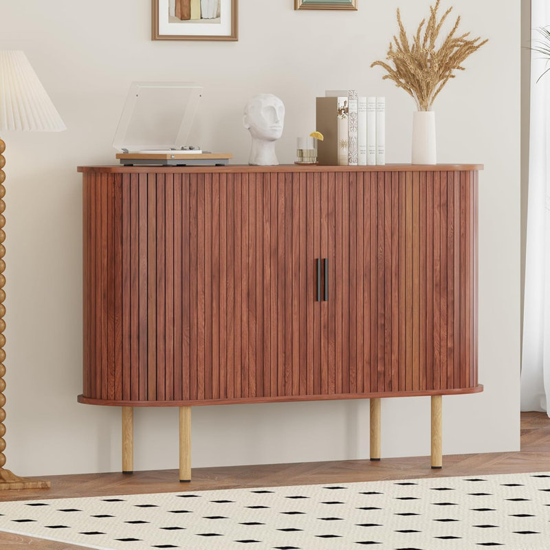47.2" Mid Century Modern Sideboard Buffet Cabinet – Oak Sliding Door Storage Cabinet with Adjustable Shelves, for Kitchen/Living Room/Entryway