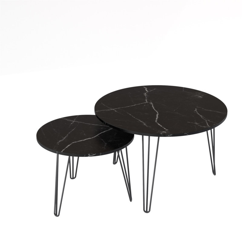 27.56'' Round Nesting Coffee Table Set Of 2, Circular Nesting End Table Set, Round Marble Tabletop, And Sturdy Metal Base For Living Room, Bedroom