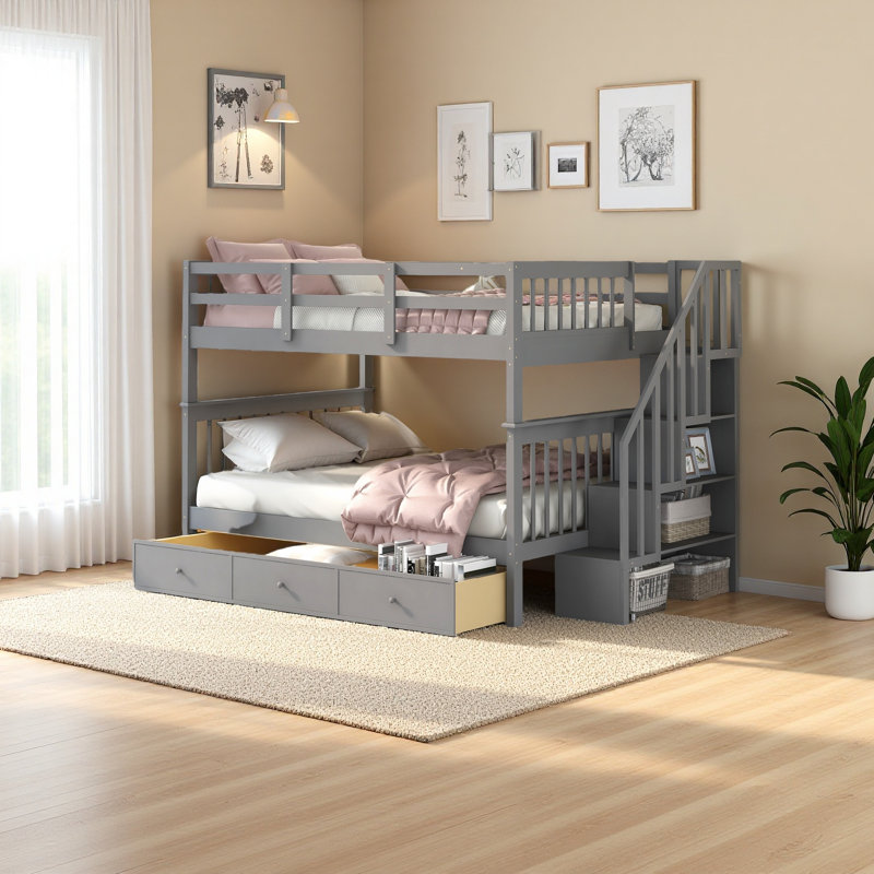 Lit superposé en escalier avec tiroir, rangement et garde-corps pour chambre à coucher, Gris