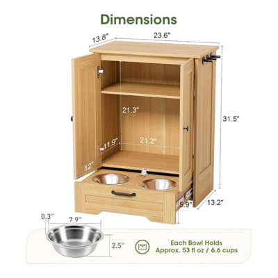 Station d'alimentation pour chien en MDF chêne avec distributeur coulissant dissimulé et étagère réglable – Coin animal de compagnie pour cuisine ou salon