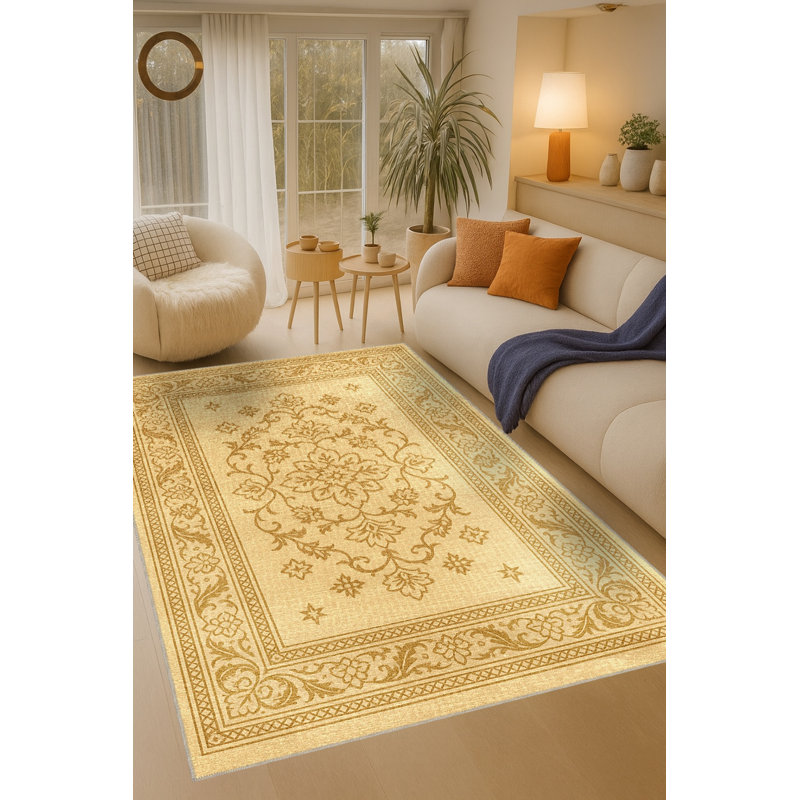 Tapis beige tissé à motif floral rétro Mosso, 2'6" x 4'11"