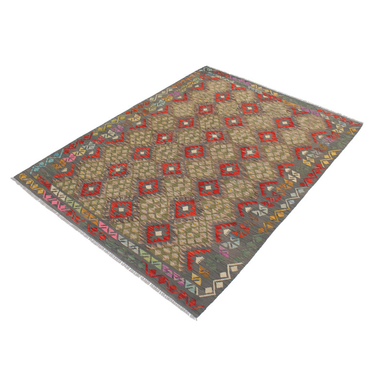 Tapis gris / rouge / beige en laine noué à la main 6 pi 1 po x 8 pi 2 po Cedorah Southwestern