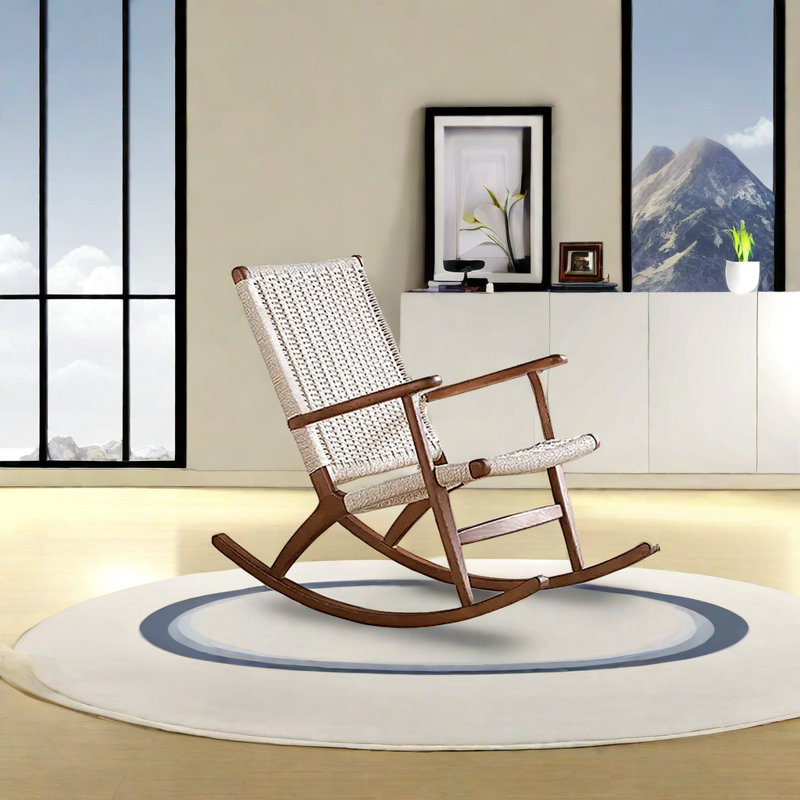 Chaise berçante décontractée en bois massif tissé, Brun foncé