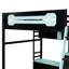 Cadre de lit de style moderne, lit mezzanine en bois avec bureau, tablettes, lumières DEL, ports USB et panneau perforé-399047715